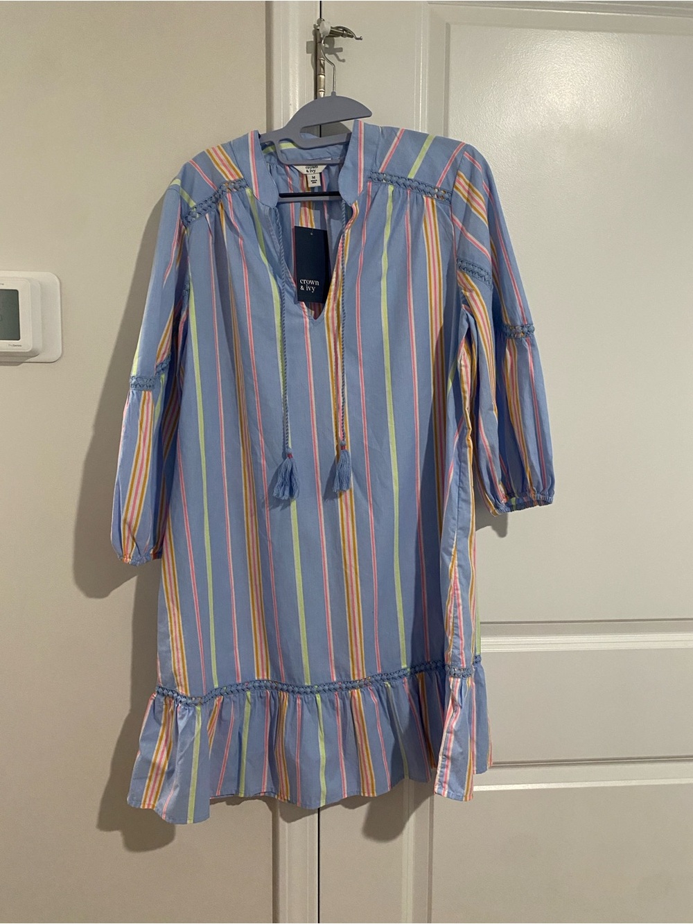crown & ivy Blue Multi-Stripe Tassel Tunic Dress -NWT